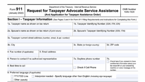 IRS Form 911 Instructions Taxpayer Advocate Service Assistance