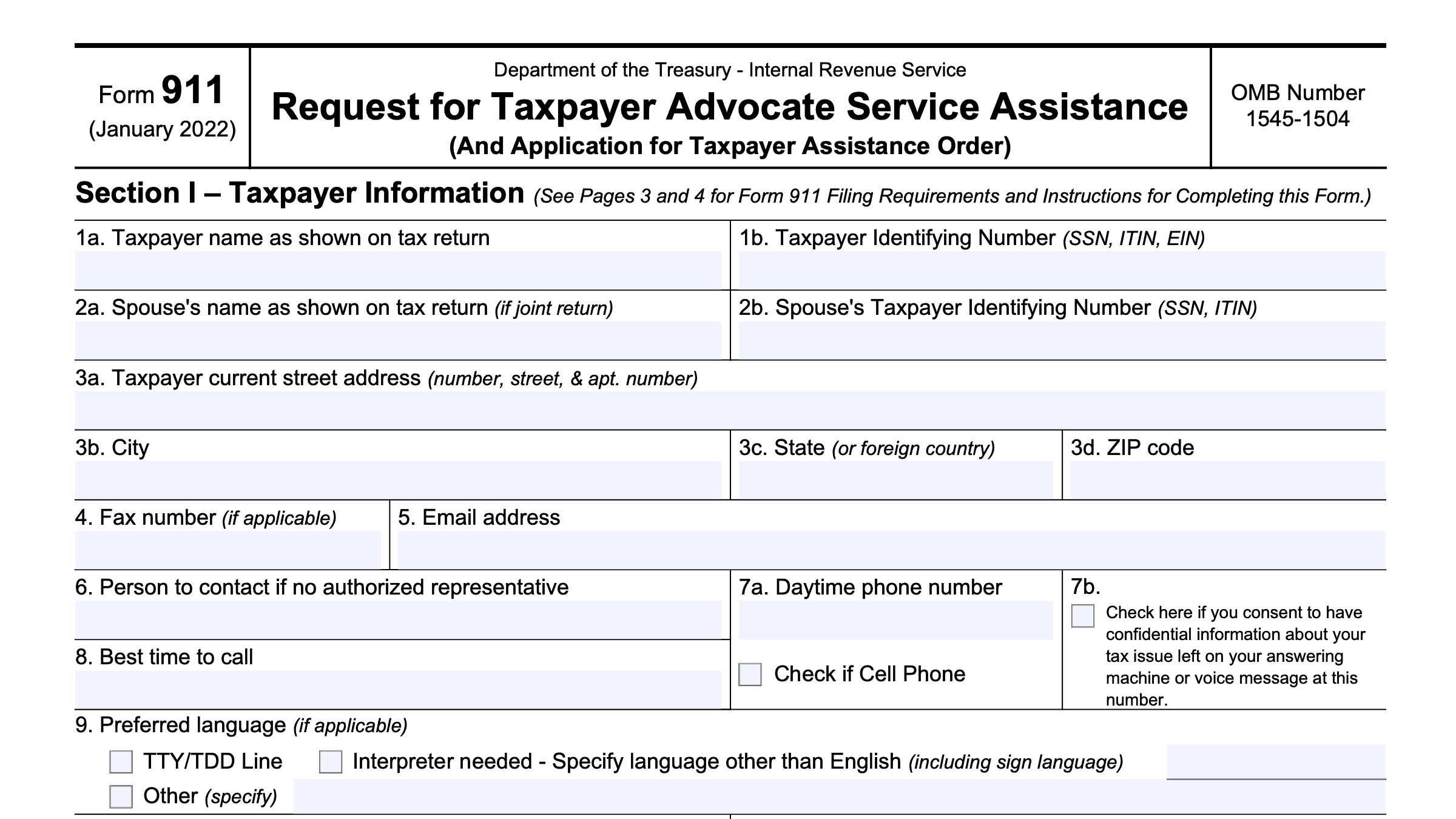 IRS Form 911 Instructions Taxpayer Advocate Service Assistance