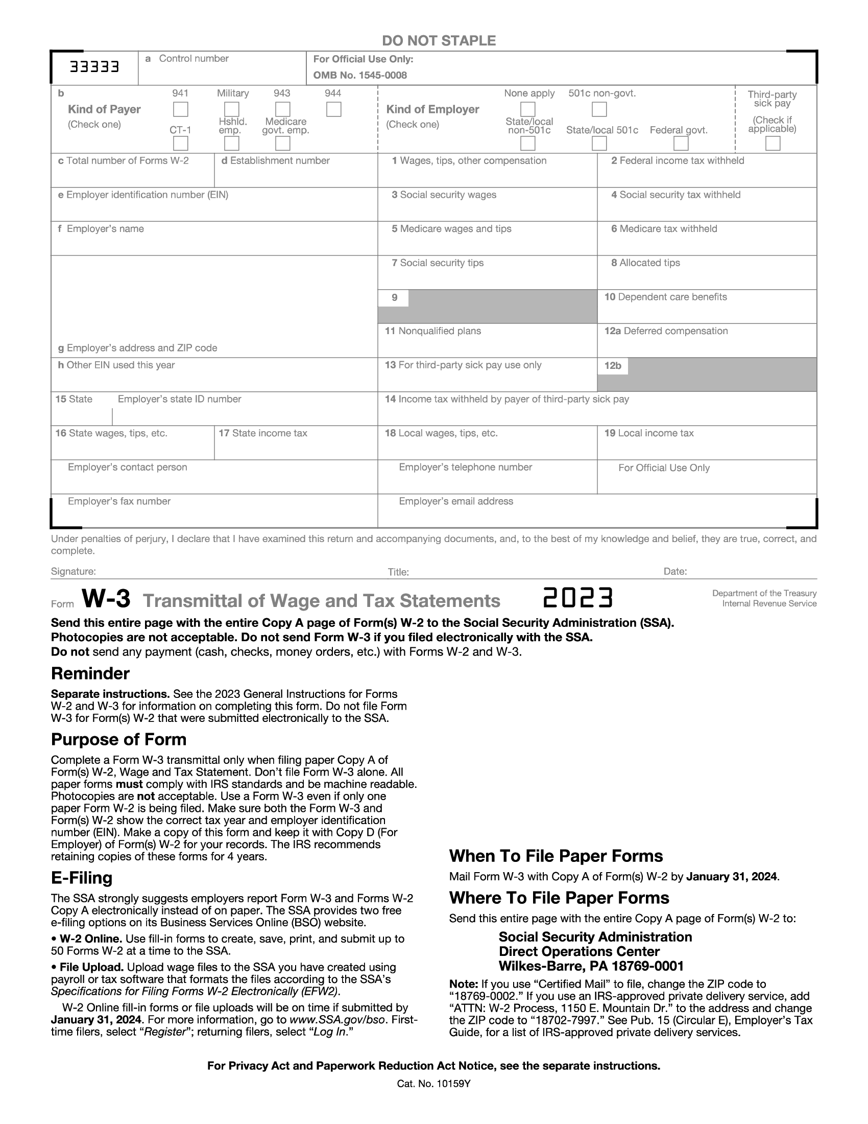 IRS Form W 3 Transmittal Of Wage And Tax Statements Forms Docs 2023