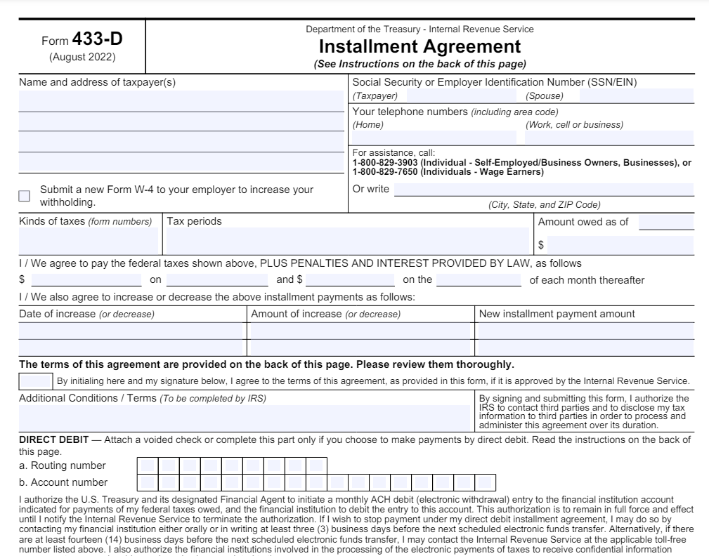 IRS INSTALLMENT FORM 433 d Accounting Bookkeeping Tax Prep