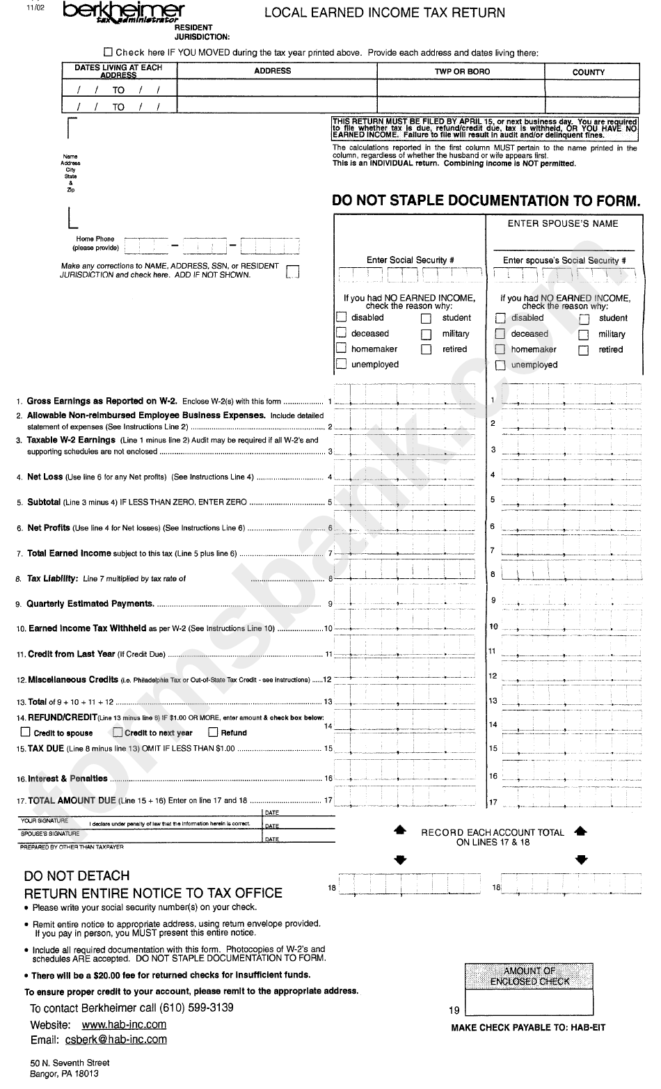 Local Earned Income Tax Return Form Berkheimer Tax Administrator 