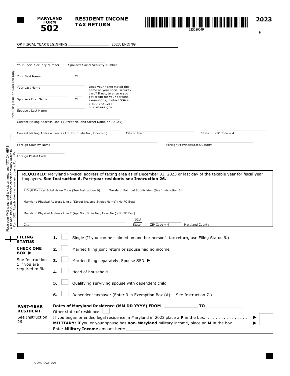 Maryland Form 502 COM RAD 009 Download Fillable PDF Or Fill Online 