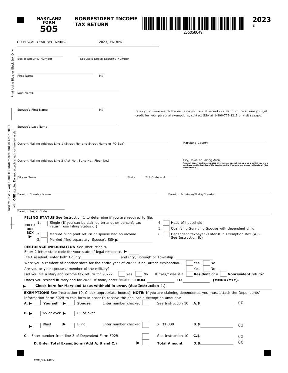 Maryland Form 505 COM RAD 022 Download Fillable PDF Or Fill Online