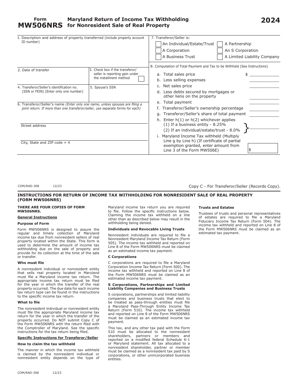 Maryland Form MW506NRS COM RAD 308 Download Fillable PDF Or Fill 