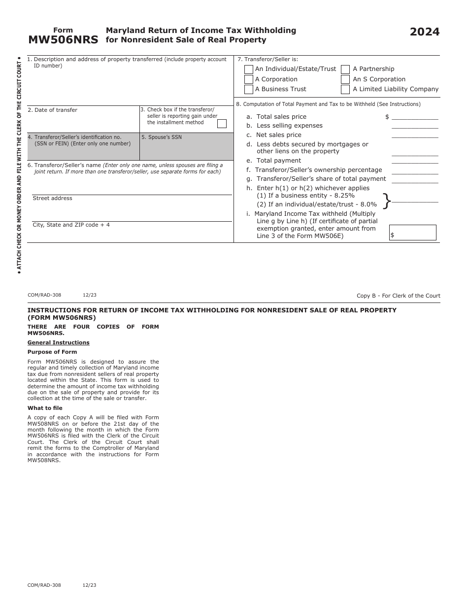 Maryland Form MW506NRS COM RAD 308 Download Fillable PDF Or Fill 