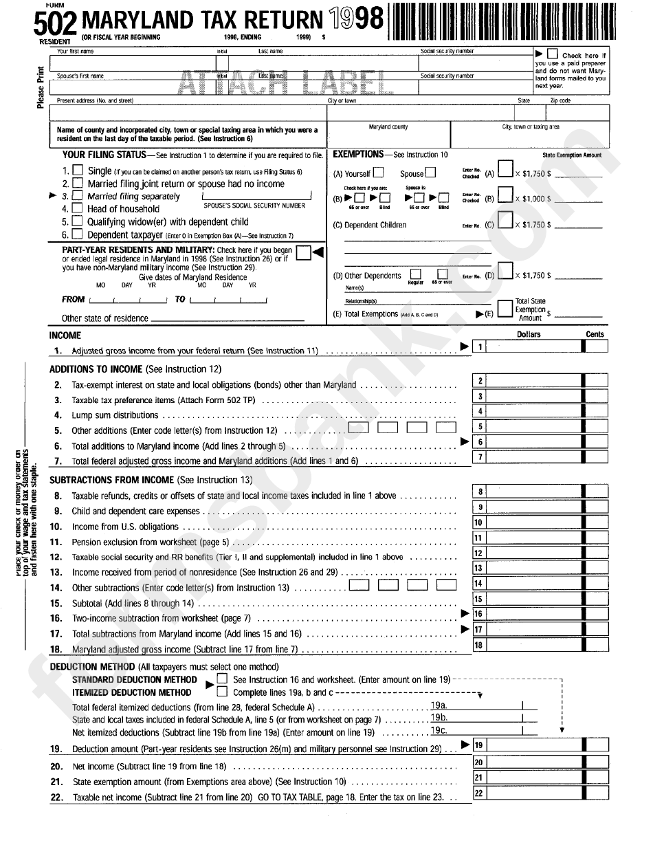 Maryland State Tax Fillable Form Printable Forms Free Online