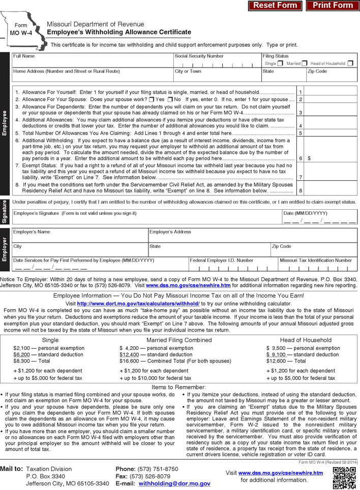 Missouri Printable State Tax Form Printable Forms Free Online