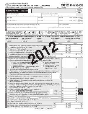 MO 1040 Individual Income Tax Return Long Form Missouri Fill 