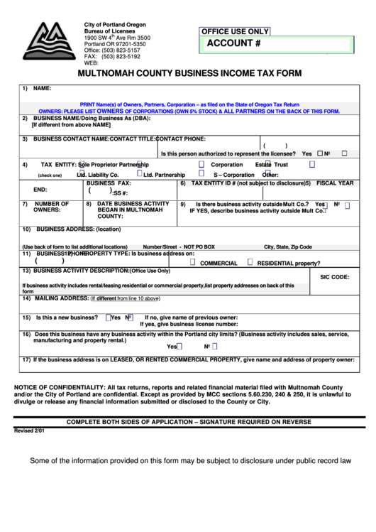 Multnomah County Business Income Tax Form Printable Pdf Download 