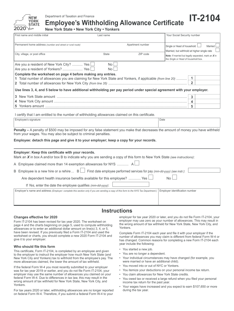 New York State Department Of Taxation And Finance It 2104 Form Fill 