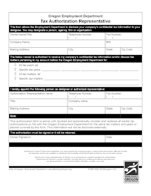 Oregon Employment Department Tax Authorization Representative Fillable 