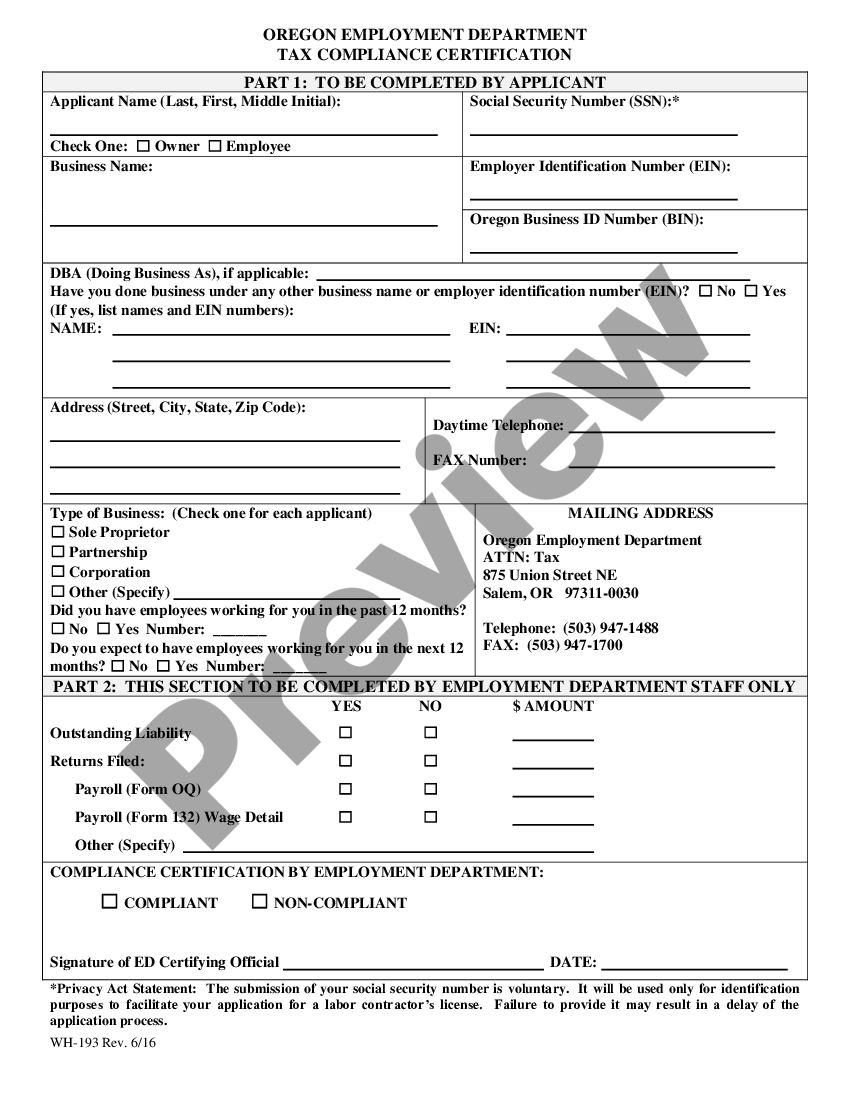 Oregon Employment Department Tax Compliance Certification US Legal Forms