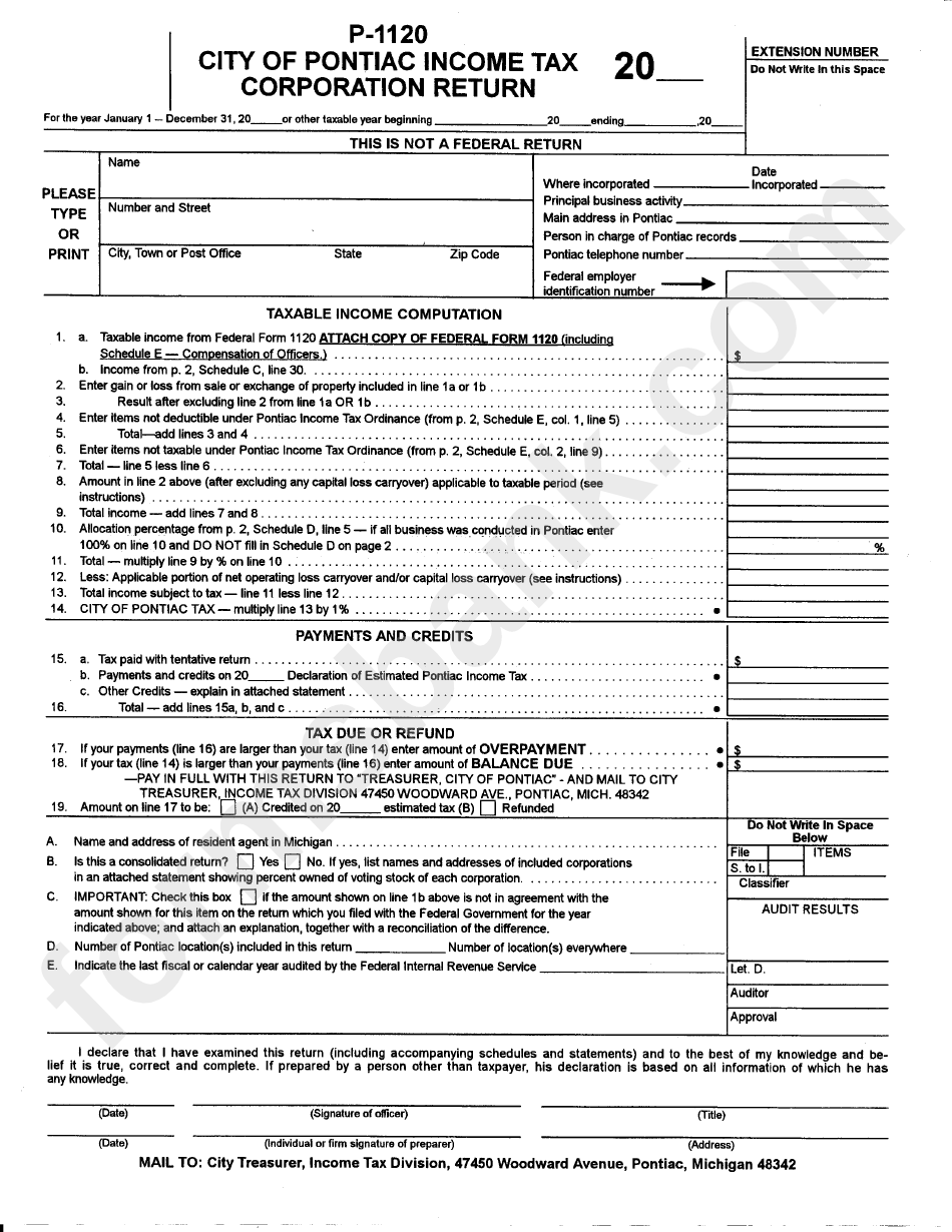 P 1120 City Of Pontiac Income Tax Corporation Return Printable Pdf 