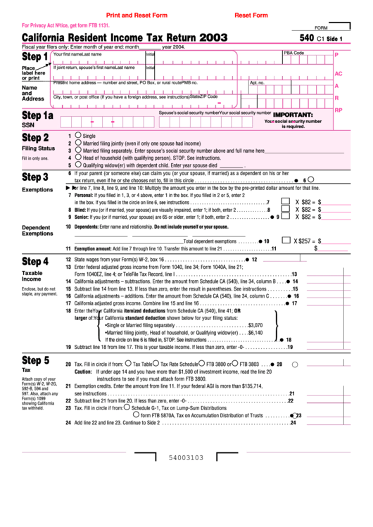 Printable Ca Form 540 Resident Income Tax Return Pdf Formswift 