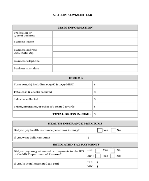 Printable Self Employment Tax Form