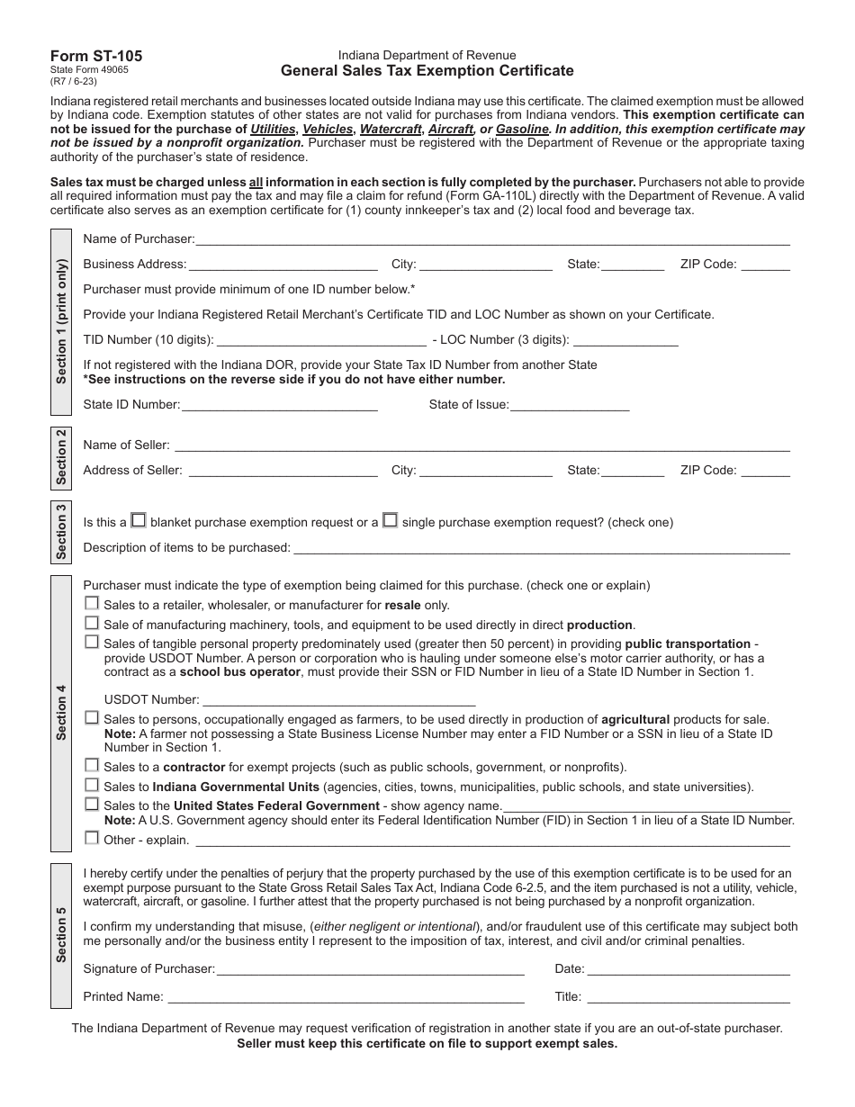 State Form 49065 ST 105 Download Fillable PDF Or Fill Online General 