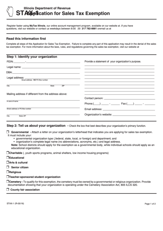 Stax1 Application For Sales Tax Exemption Illinois Printable Pdf