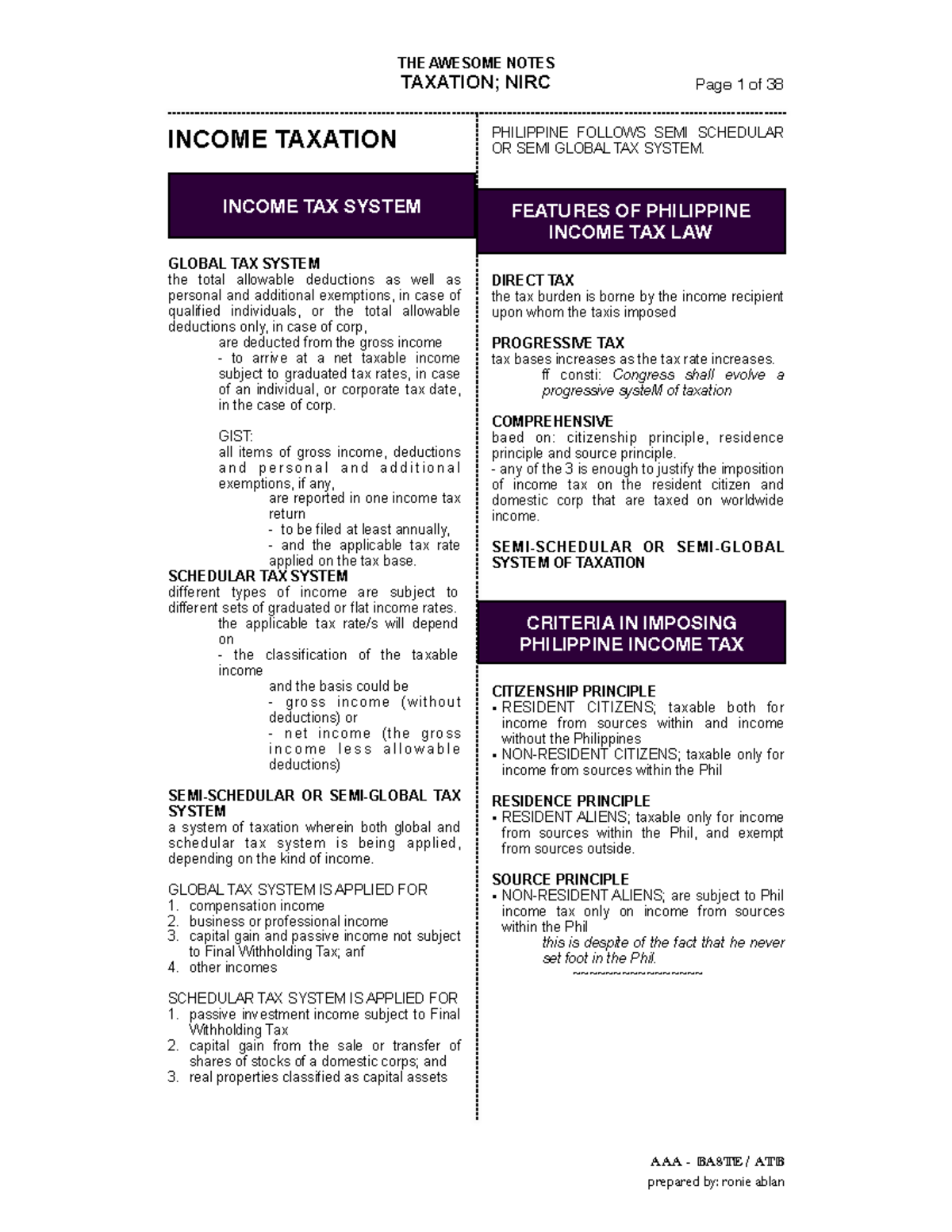 Tax 2 Lawlaw TAXATION NIRC Page 1 Of 38 INCOME TAXATION GLOBAL TAX 