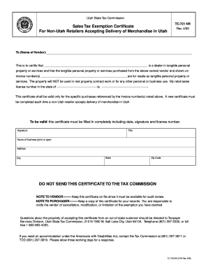 TC 721 Utah Sales Tax Exemption Certificate Commercial Fill 