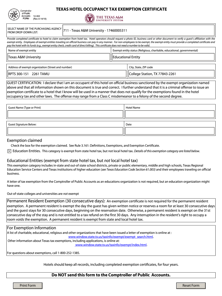 Texas Hotel Tax Exempt Form Fillable Printable Forms Free Online