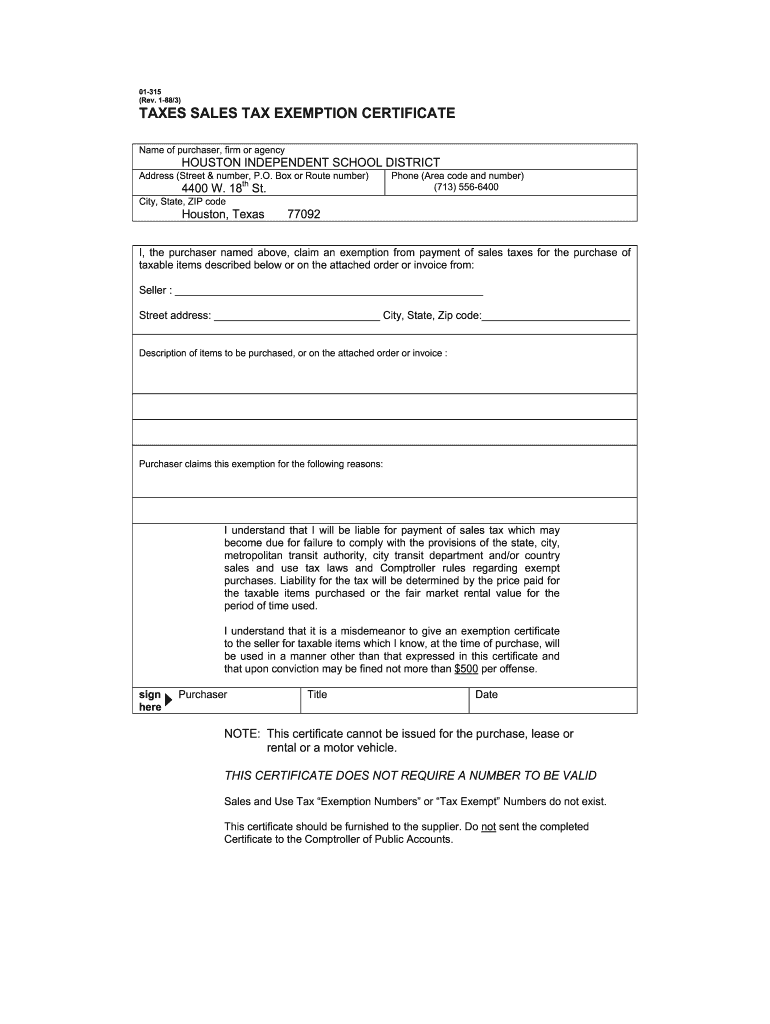 Texas Sales And Use Tax Exemption Blank Form
