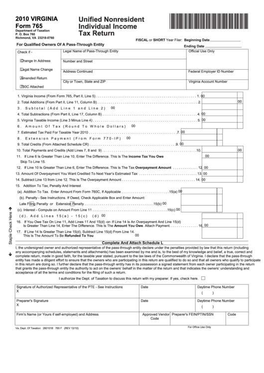 Virginia Form 765 Unified Nonresident Individual Income Tax Return 