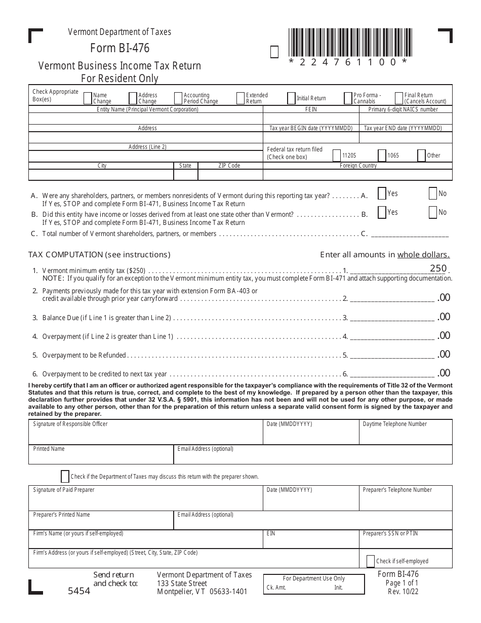VT Form BI 476 Download Printable PDF Or Fill Online Vermont Business 