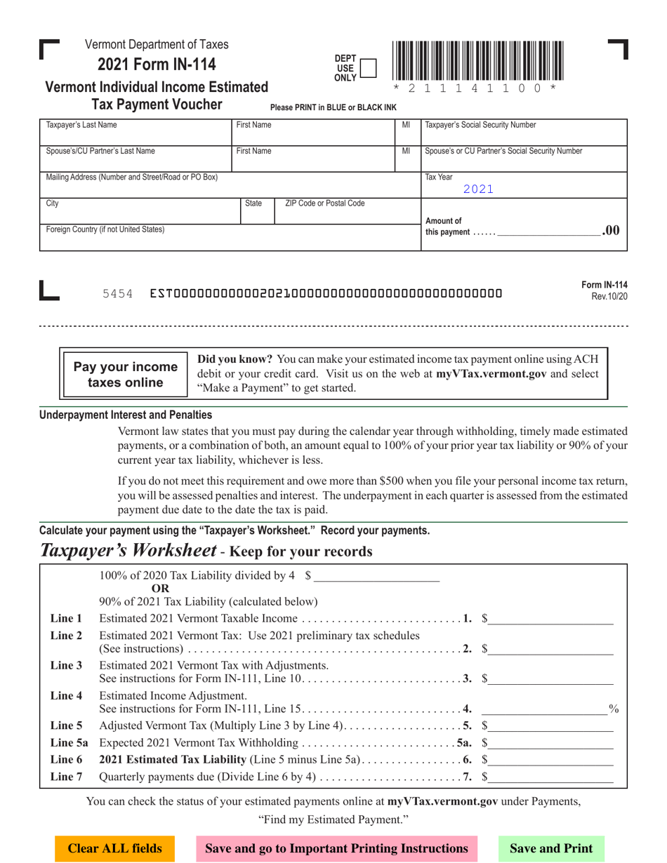 VT Form IN 114 Download Fillable PDF Or Fill Online Vermont Individual 